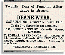 Hysbyseb am ymgynghorwyr Deintyddol yn Aberhonddu yn 1891