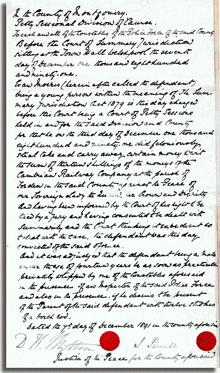 Document from the Montgomery Petty Sessions describing the juvenile crime case