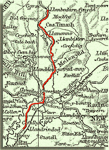 Map showing the distance from Llandrindod Wells to Llanbadarn Fynydd